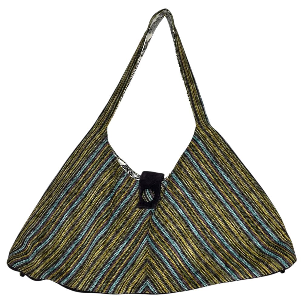 Offhand Designs Crescent Shoulder Knitting Bag Green Stripe Textured Woven